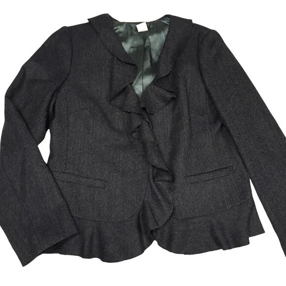 J. Crew Blazer Jacket Dark Grey Ruffle Front 100% Wool Long Sleeve Women's 8 - Picture 10 of 11
